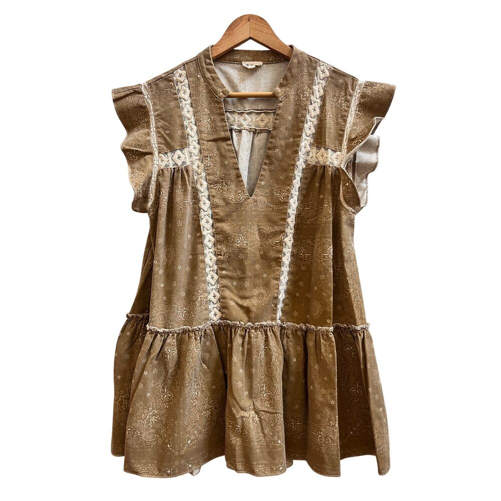 POL Boho Rustic Linen Blend V Neck Flutter Sleeves A Line Dress Taupe Medium